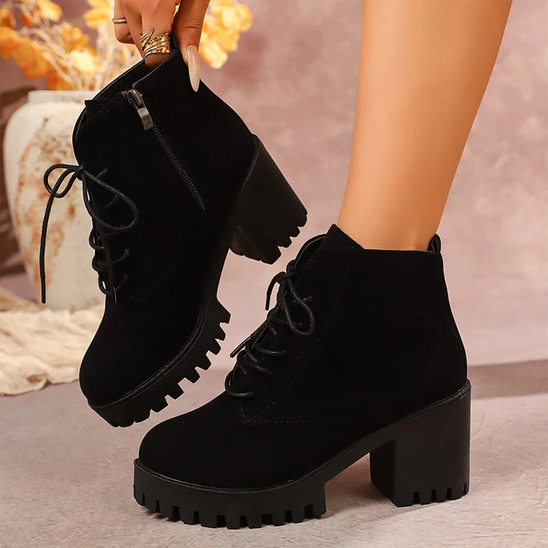 Women's Chunky Heel Ankle Boots with Platform Sole – Side Zip & Lace-Up Design