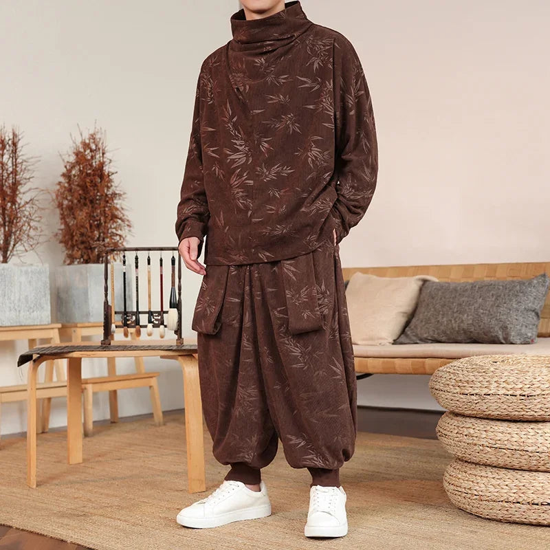 Person wearing a brown floral patterned outfit in a living room setting.