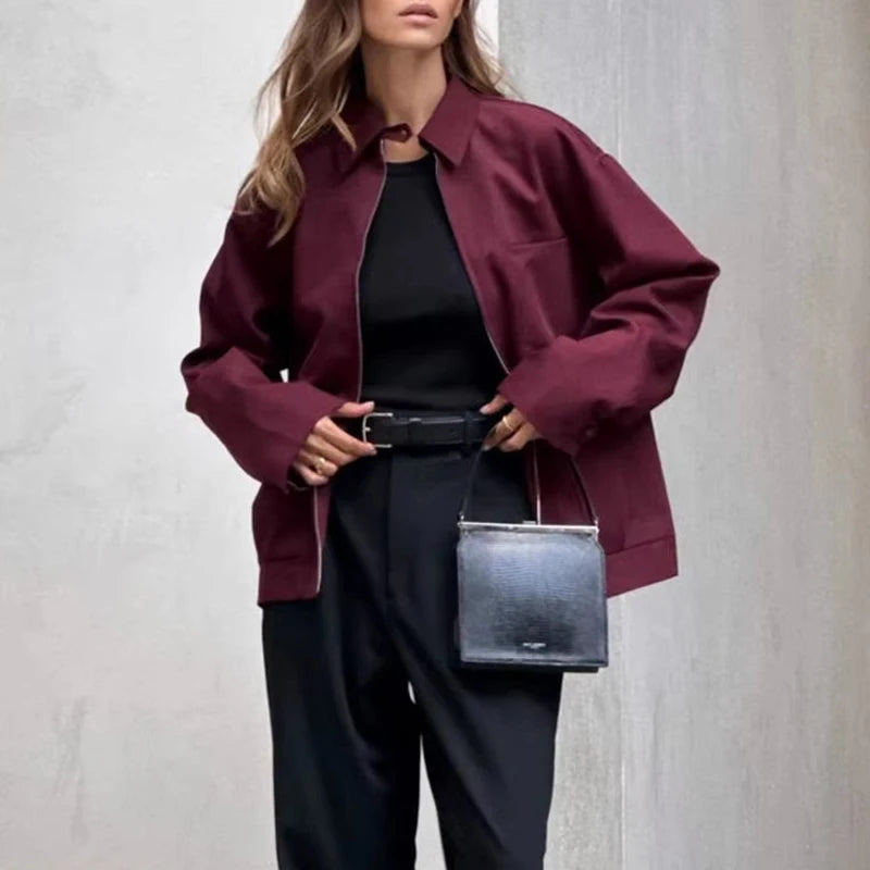 TRAF Zipper Bomber Jackets for Women Autumn Outerwears Overcoat Female Long Sleeve Loose Jacket Women Coats Retro Women's Jacket