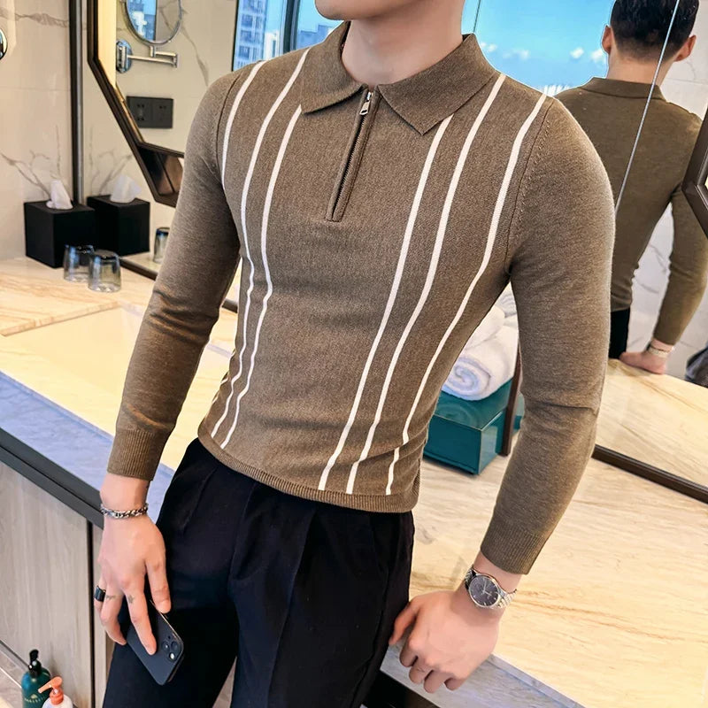 Men's Striped Zipper Collar Sweater with Flip Collar, Knitted Polo Style, Slim Fit