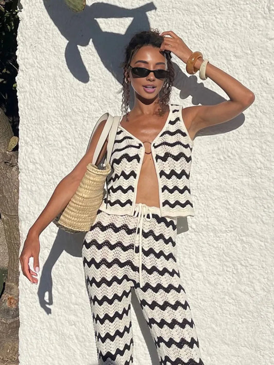 Chic Women's Knit Pants and Lace Vest Top Set - Striped Streetwear Outfit