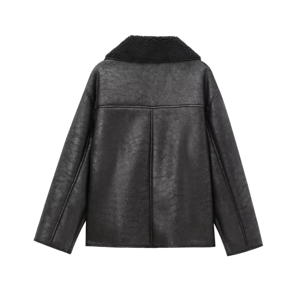 Women's Cozy Faux Leather Jacket with Fleece Collar