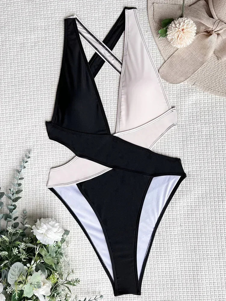 Women's Deep V Neck Cross Backless One-Piece Swimsuit - High Cut, Stylish & Flattering Swimwear