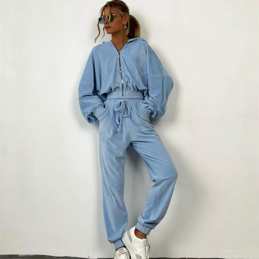 Women's Zipper Hoodie and Drawstring Tracksuit Set - Stylish 2-Piece Activewear Outfit