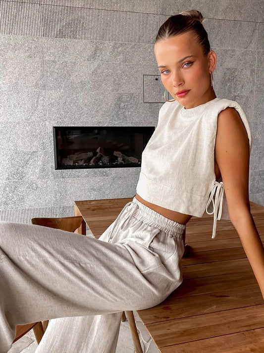 Women's Linen Crop Top and Pant Set