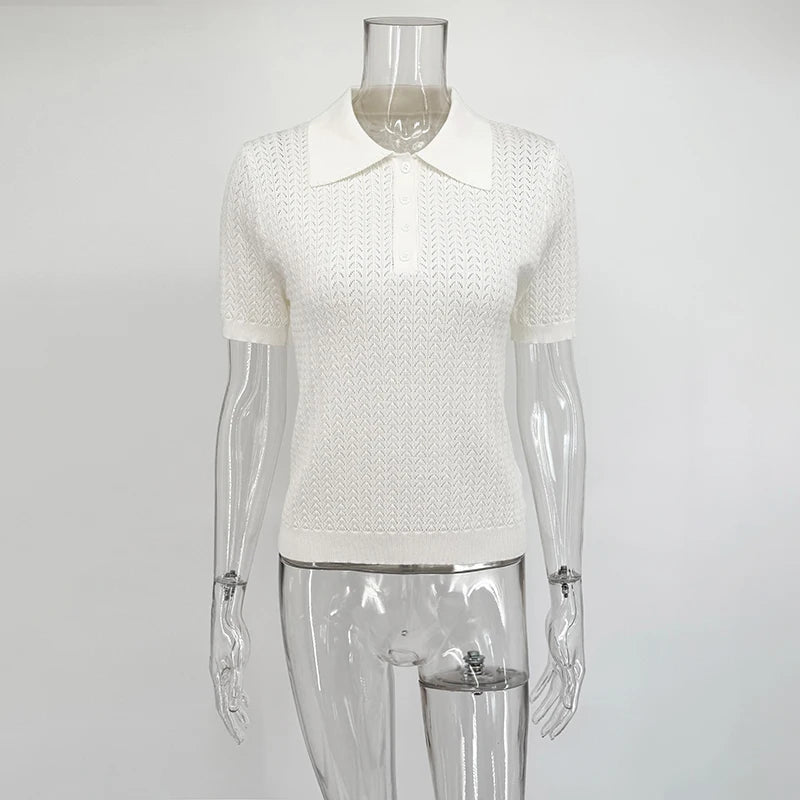 Women's Knitted Polo T-Shirt – Casual Loose Fit with Lapel, Comfortable Women's Knit Top
