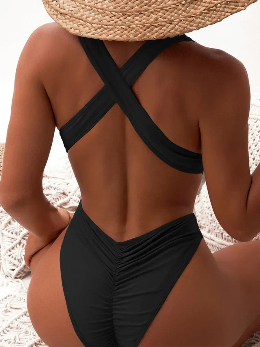 Women's Deep V Neck Cross Backless One-Piece Swimsuit - High Cut, Stylish & Flattering Swimwear