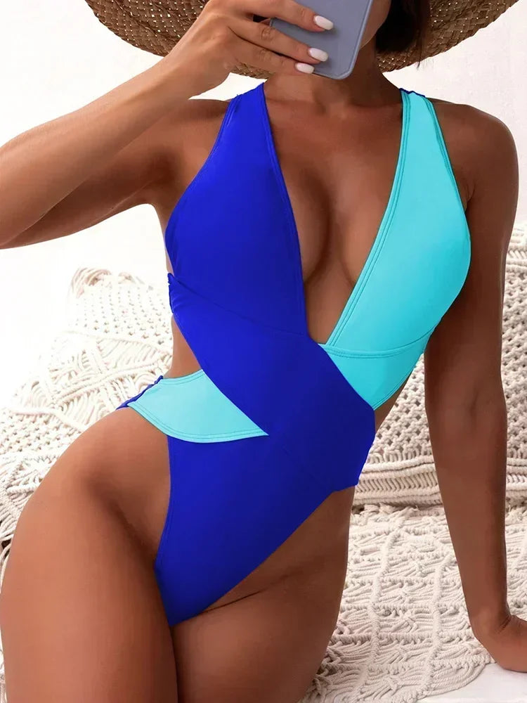 Women's Deep V Neck Cross Backless One-Piece Swimsuit - High Cut, Stylish & Flattering Swimwear