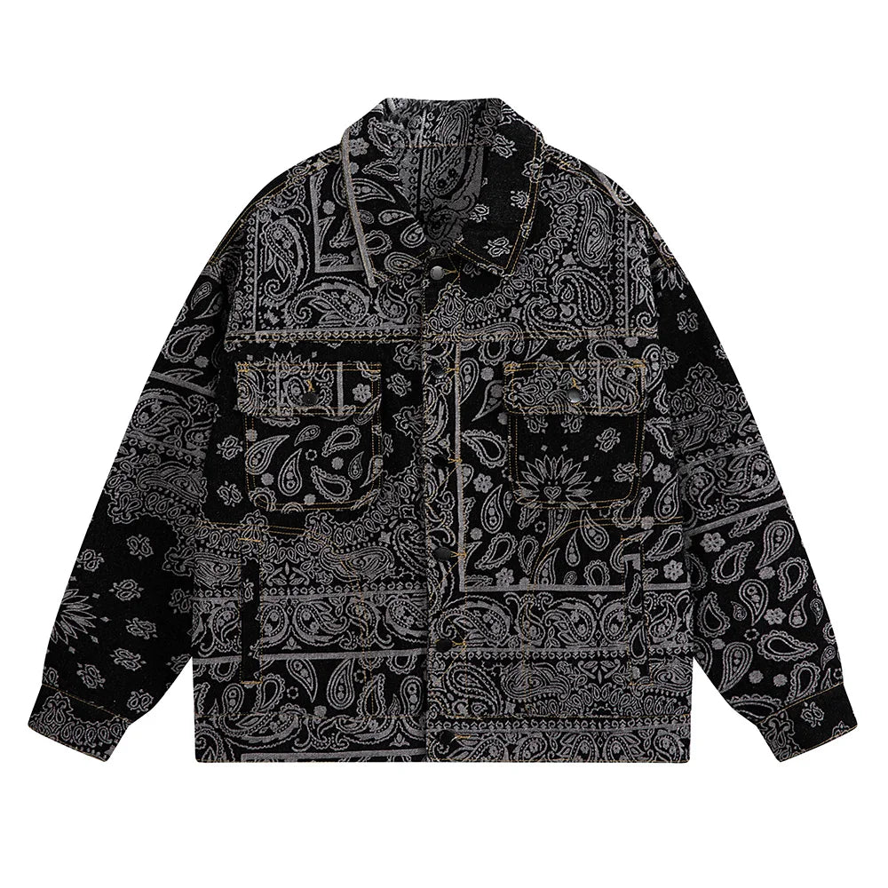 Black patterned jacket on a white background