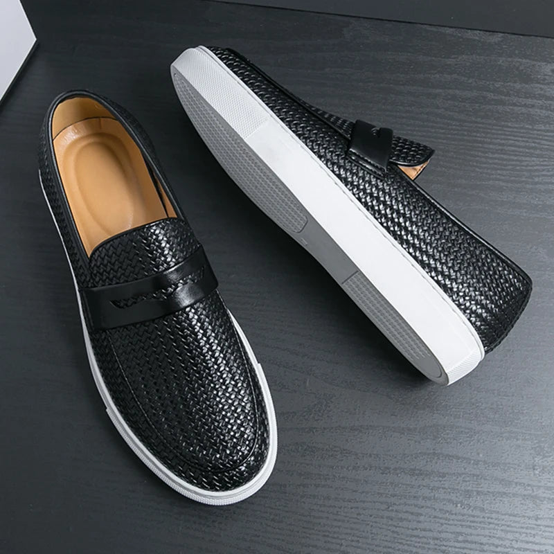 Men's Slip-On Loafers - Soft Leather Shoes with Elegant Weave Pattern
