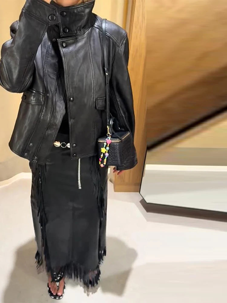 Women's Stand Collar Faux Leather Jacket with Double Button Closure