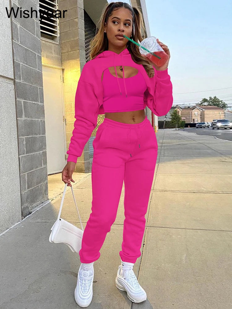 Wisyear Women's 3-Piece Velvet Tracksuit Set - Crop Hoodie, Vest, and Sweatpants Matching Outfit