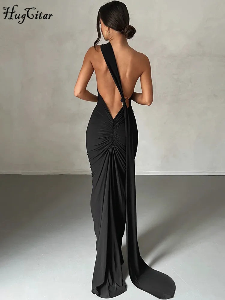 Hugcitar Adjustable Backless Ruched Dress with Single Shoulder and Scarf Loop for Women