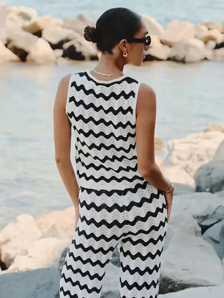 Chic Women's Knit Pants and Lace Vest Top Set - Striped Streetwear Outfit