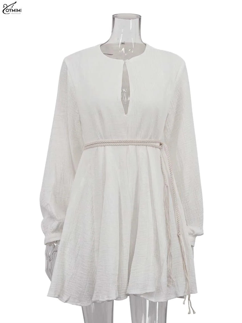 Elegant Women's Cotton V-Neck Lace-Up Loose Pleated Mini Dress by Oymimi