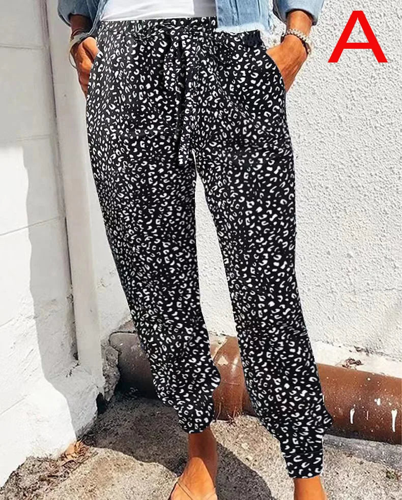 Women's Casual Lace-Up Pants in Loose Fit with Leopard Print - Various Colors