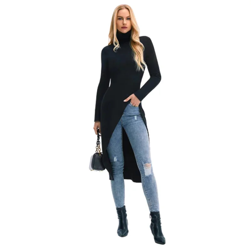 Women's Skinny Fit High-Neck Sweater Dress with Side Slits