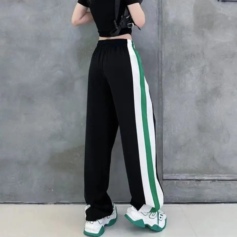 Women’s High Waist Elastic Sweatpants with Drawstring & Striped Design