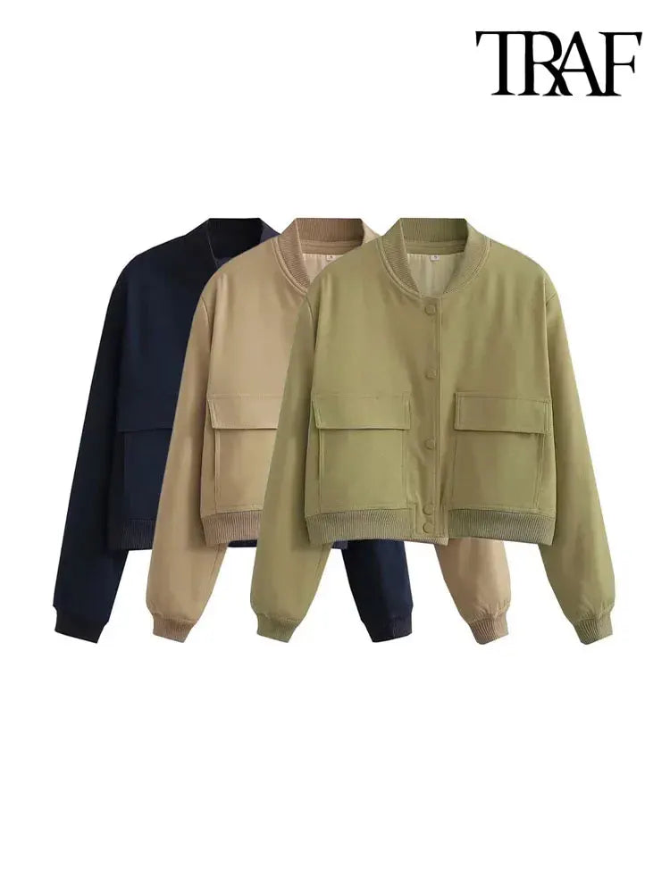 TRAF Long Sleeve Women's Front Button Jacket with Vintage Style and Pockets