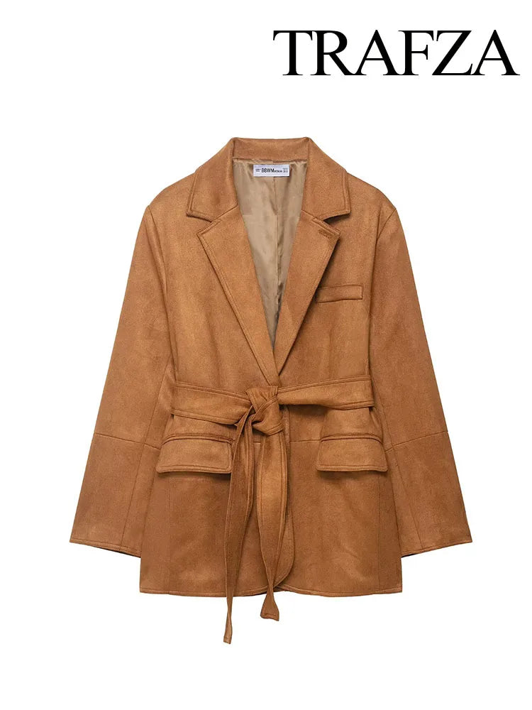 TRAFZA Women's Turn-Down Collar Belt Tie Jacket