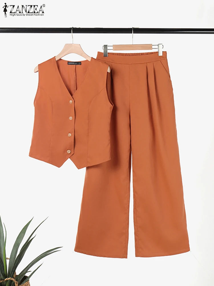 Womens Two Piece Sleeveless Vest Shirt and Trousers - Matching Set