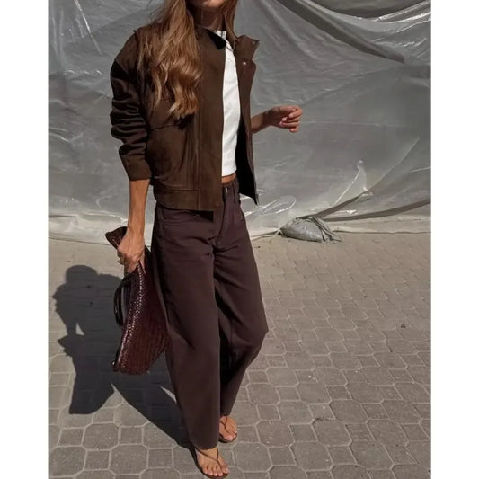 Women's Faux Suede Jacket with Pockets, High Collar, and Button Closure