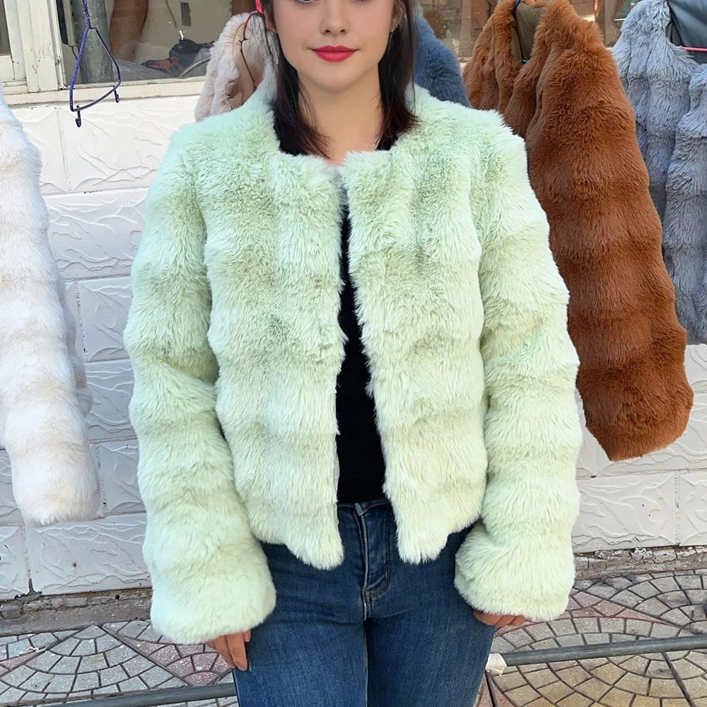 Women's Short Faux Fur Coat – Plush Imitation Fur Jacket