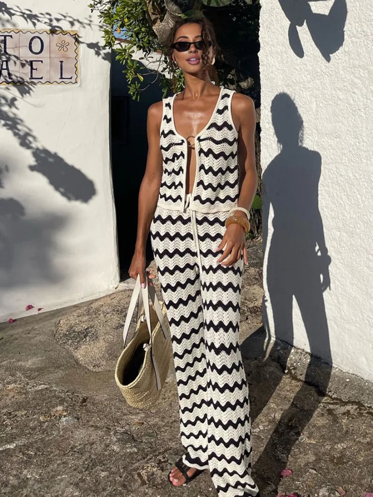 Chic Women's Knit Pants and Lace Vest Top Set - Striped Streetwear Outfit