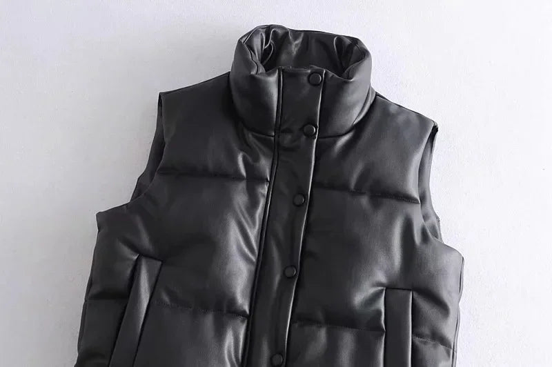 Women's PU Leather Stand Collar Vest Jacket with Zipper