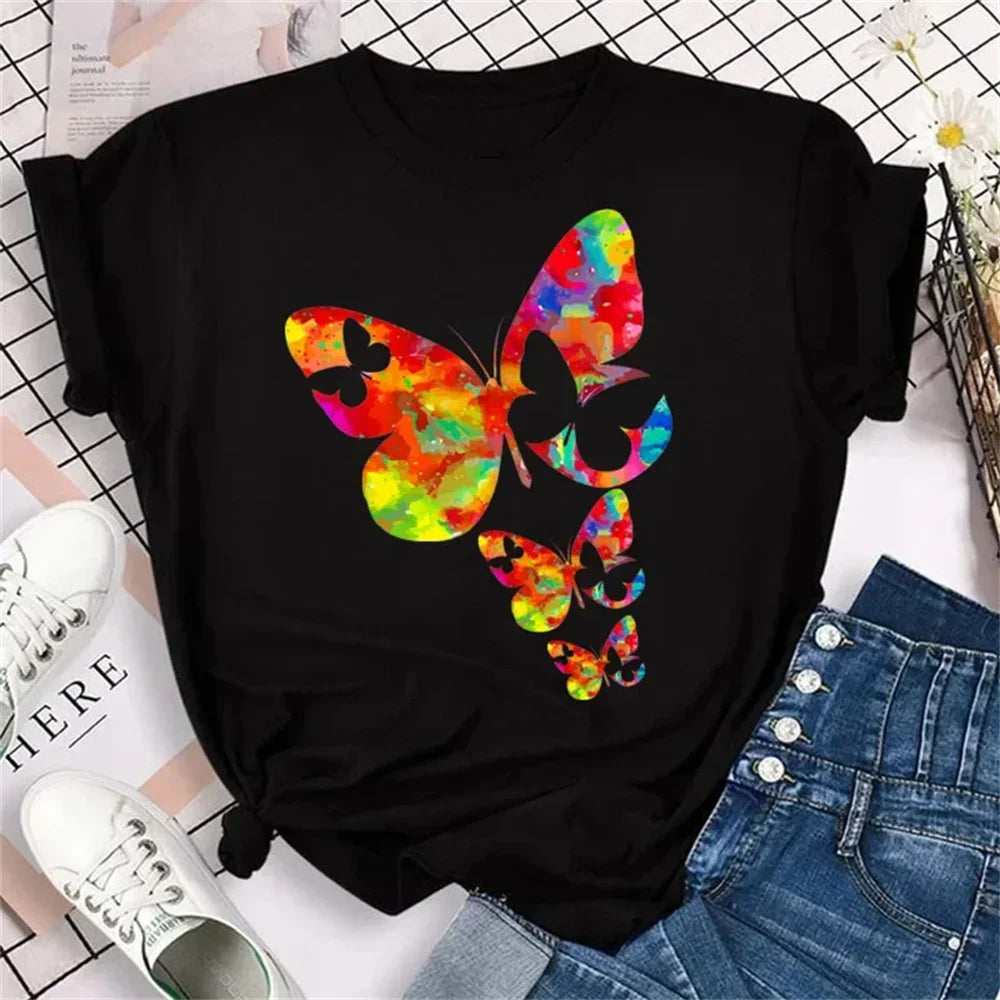 Women's Short Sleeve Round Neck T-Shirt with Colorful Butterfly Petal Print