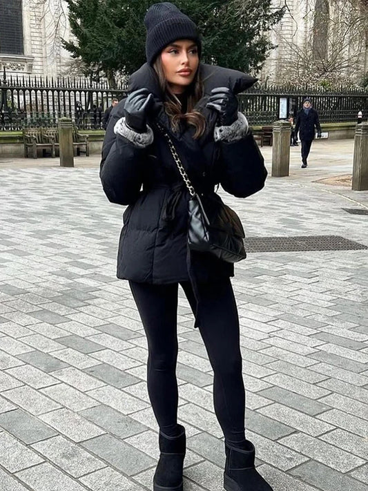 Women's Cotton-Filled Coat with Lapel Tie and Waist Cinching