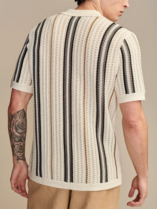 Men's Stylish Knitted Short Sleeve Striped Shirt with Lapel and Button Closure