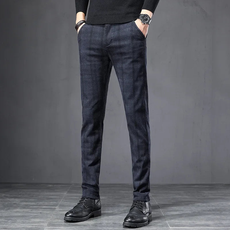 Men's Slim Fit Elastic Waist Brushed Plaid Pants