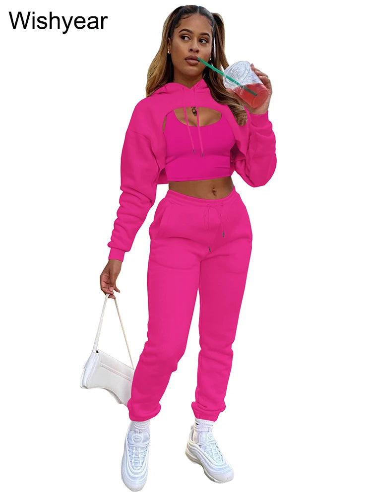 Wisyear Women's 3-Piece Velvet Tracksuit Set - Crop Hoodie, Vest, and Sweatpants Matching Outfit