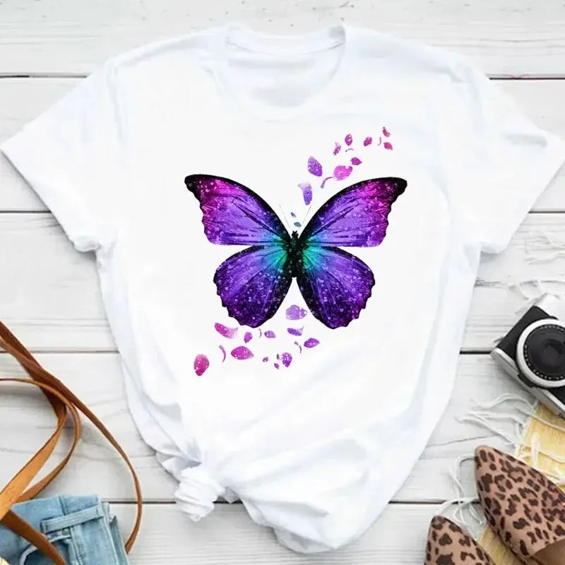 Women's Short Sleeve Round Neck T-Shirt with Colorful Butterfly Petal Print