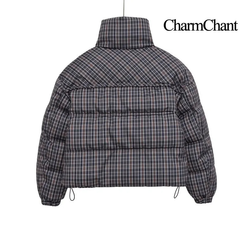 CharmChant Women's Stand-Collar Plaid Puffer Parka Jacket with Padding
