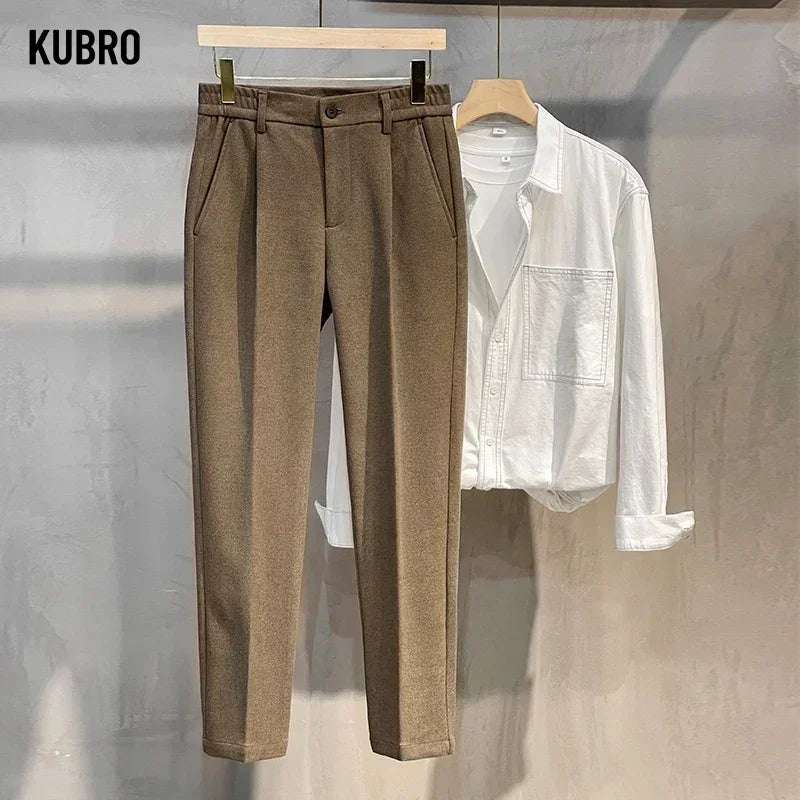 Kubro Men's Thick Elastic-Waist Classic Wool Straight Trousers