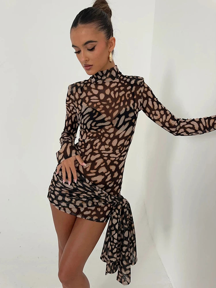 Women’s Sheer Leopard Print Turtleneck Mini Dress with Long Sleeves