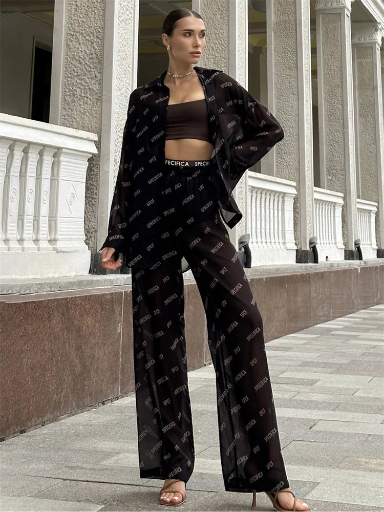 Women's 2-Piece Casual Shirt and Trousers Set - Transparent & Stylish Women's Outfit