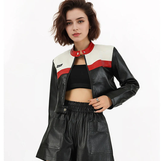 Women's Faux PU Leather Motorcycle Jacket with Zipper