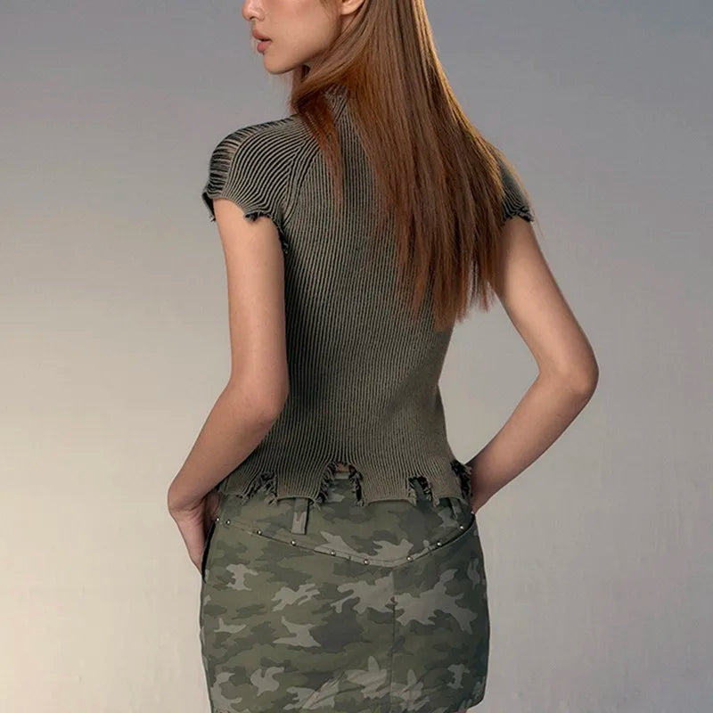 Karrcat Women's Knitted T-Shirt – Vintage Distressed Slim Fit & Ribbed Design