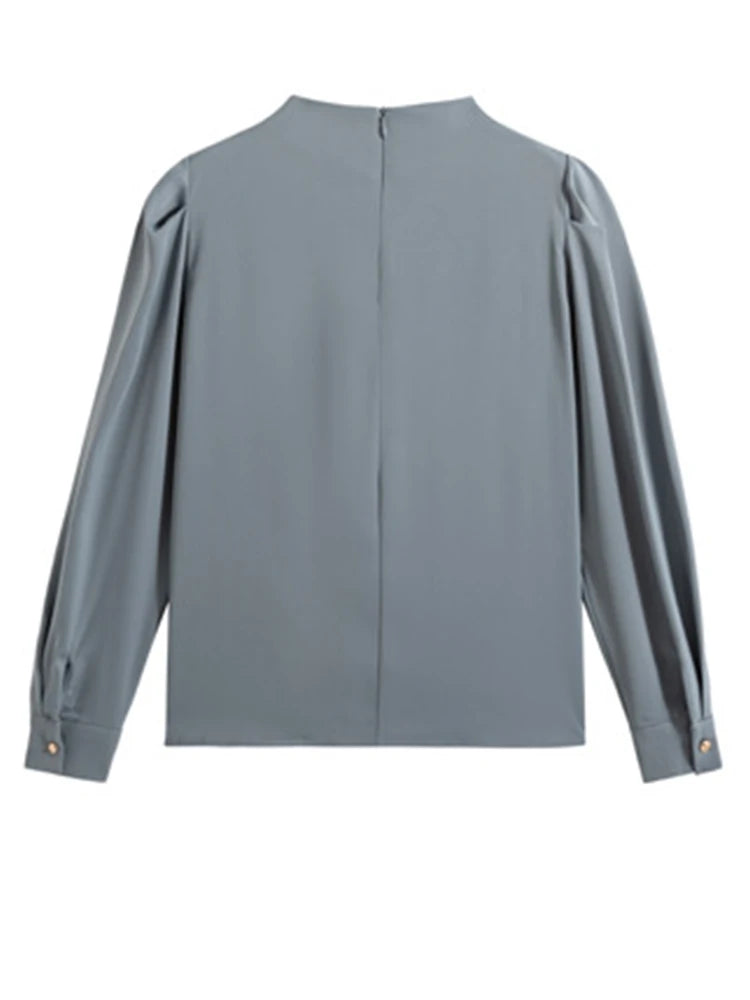 Elegant Women's Satin-Feel Lantern Sleeve Blouse