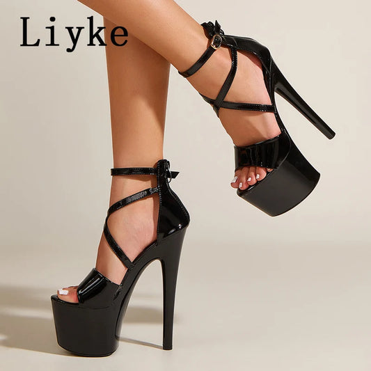 Liyke Women’s  Ankle Strap Platform Heels - 17CM High Open Toe Faux Leather Shoes