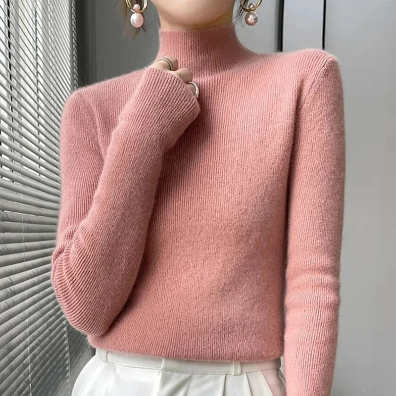 Ribbed Neck Sweater for Women - Fitted Knitted Pullovers