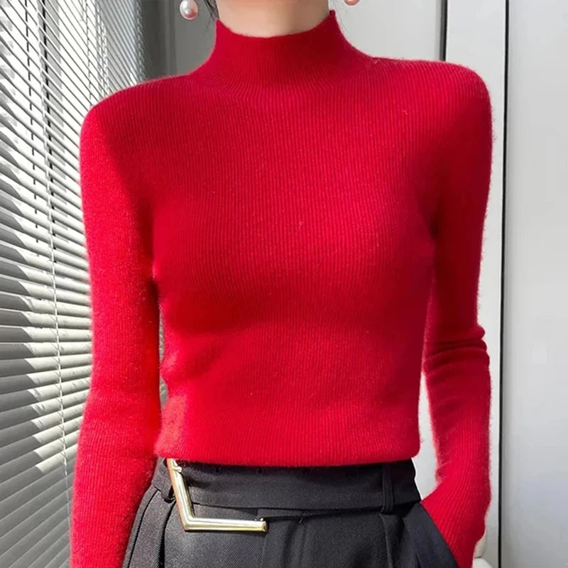 Ribbed Neck Sweater for Women - Fitted Knitted Pullovers