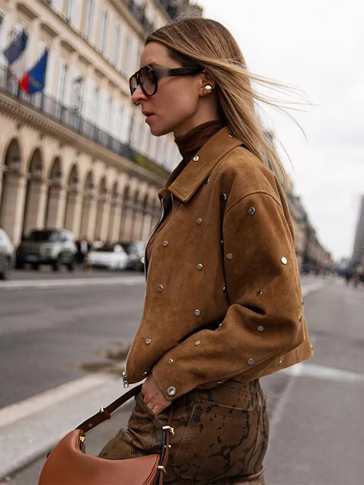 Stylish Women’s Faux Suede Rivet Lapel Zipper Jacket