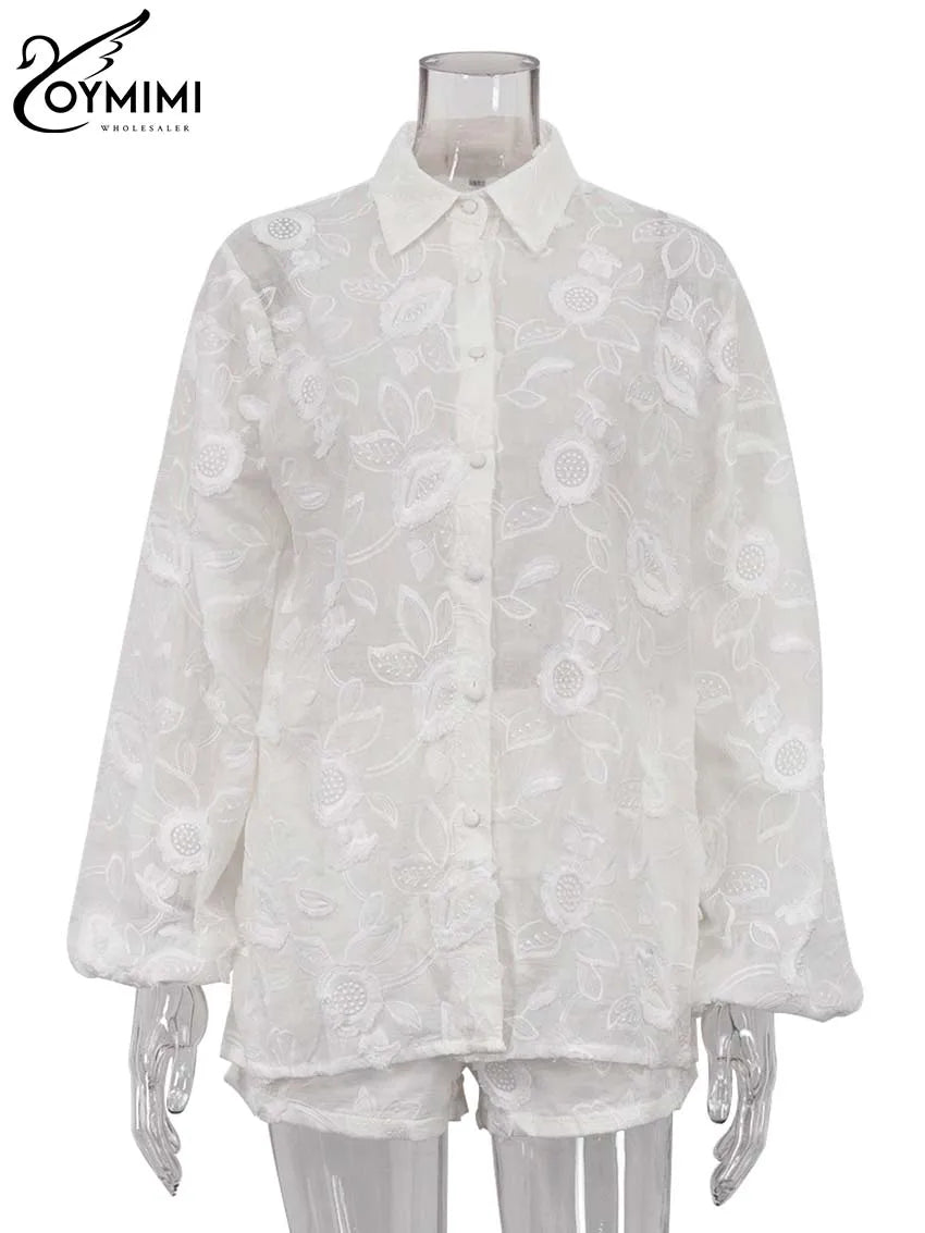 Women's White Cotton 2-Piece Set: Button Sleeve Shirt & High-Waist Shorts