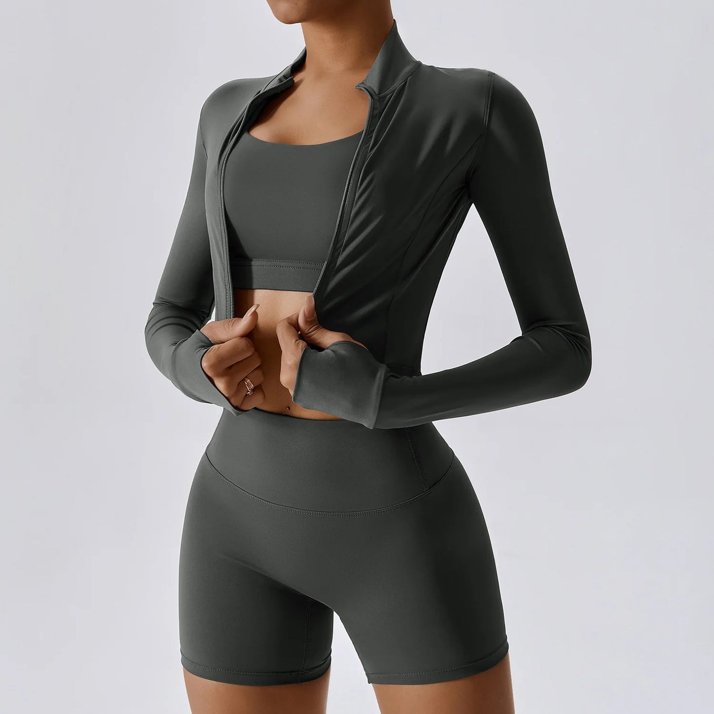 3-Piece Women's Workout Sets | Sportswear Gym Clothing with Zipper Long Sleeve Top & High-Waisted Leggings