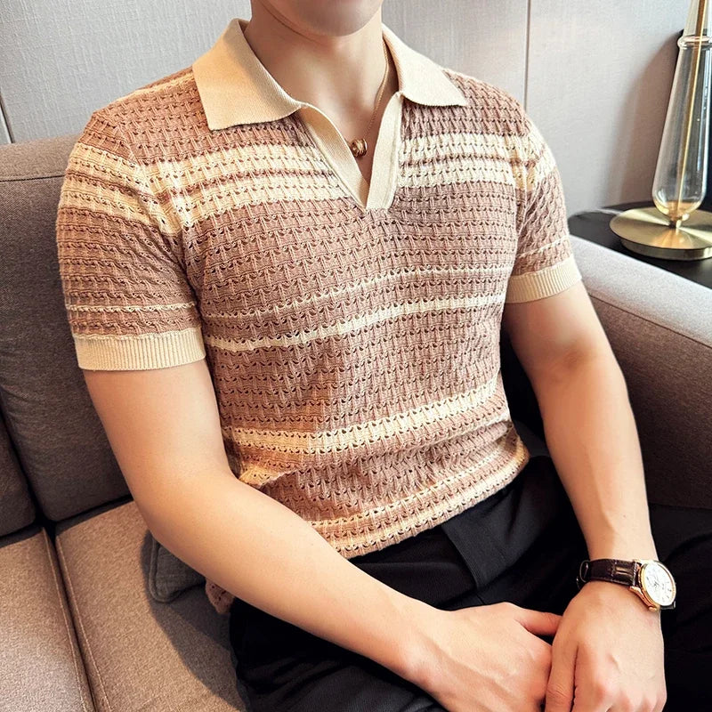 Men's Thin Striped Knitted V-Neck T-Shirt – Stylish Breathable Men's Knit Top