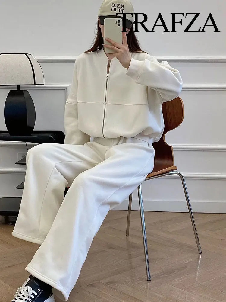 TRAFZA Women's 2-Piece Retro Zipper Jacket & High-Waisted Lace-Up Loose Pants Set